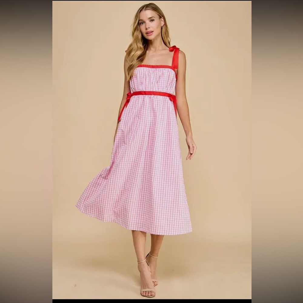 TCEC Gingham Ruched Bust High Waist Midi Dress